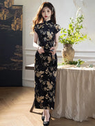 Black and Gold Qipao with vintage velvet short sleeves and slim fit design