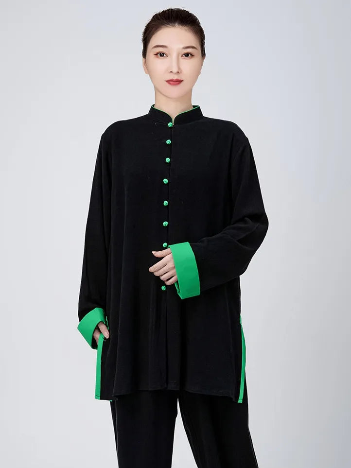Black Tai Chi Outfit for Women – Green Contrast Winter Set