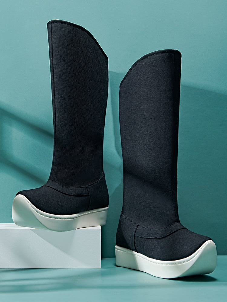 Black Hanfu Boots for Men Thick-Soled Canvas Tall Boots