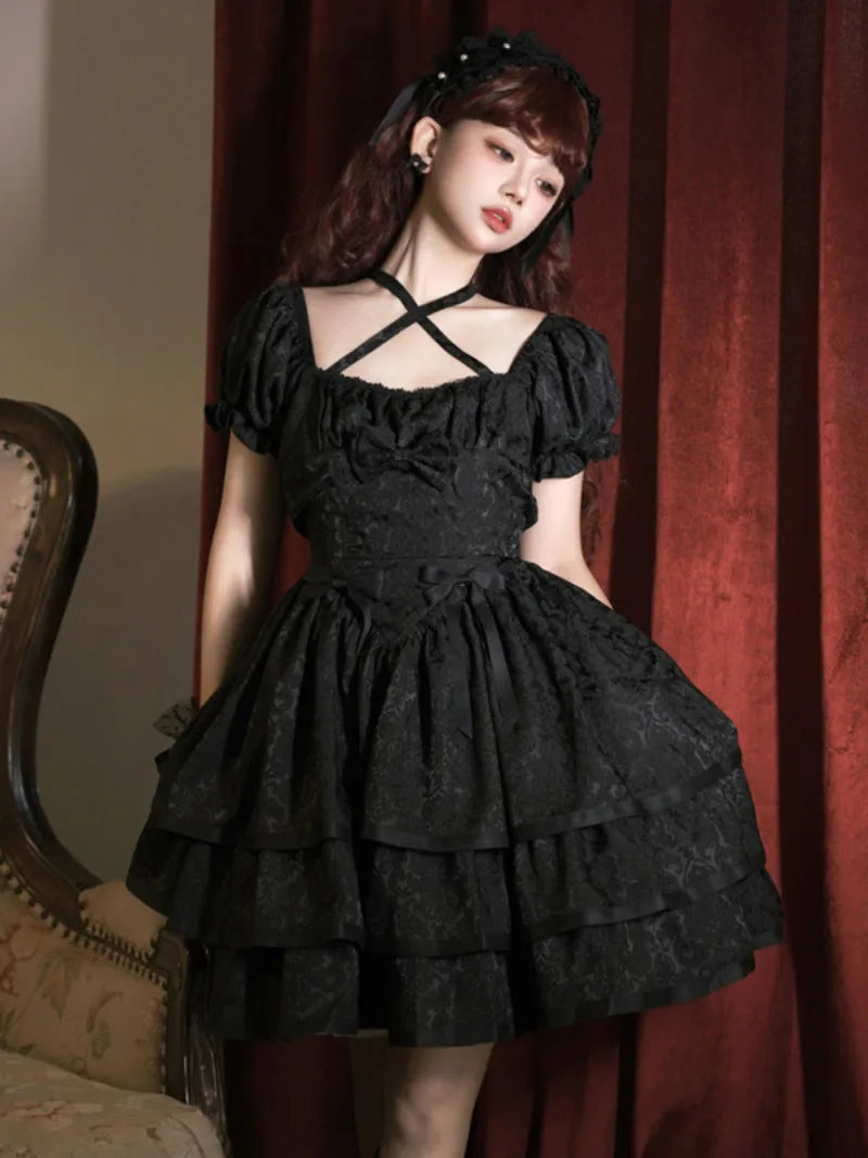 Black Loli Gothic short-sleeve thorns & roses Lolita dress OP, elegant dark lolita style for cosplay and daily wear