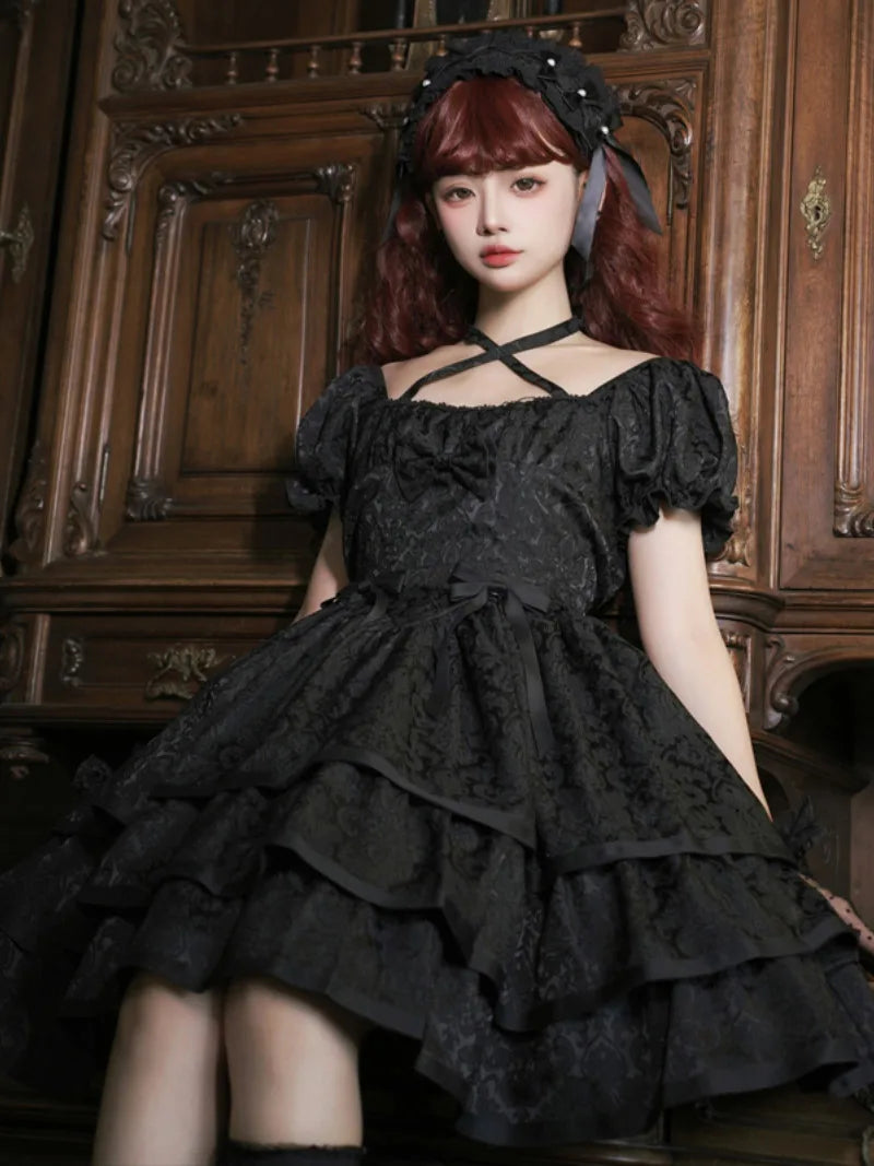 Black Loli Gothic short-sleeve thorns & roses Lolita dress OP, elegant dark lolita style for cosplay and daily wear