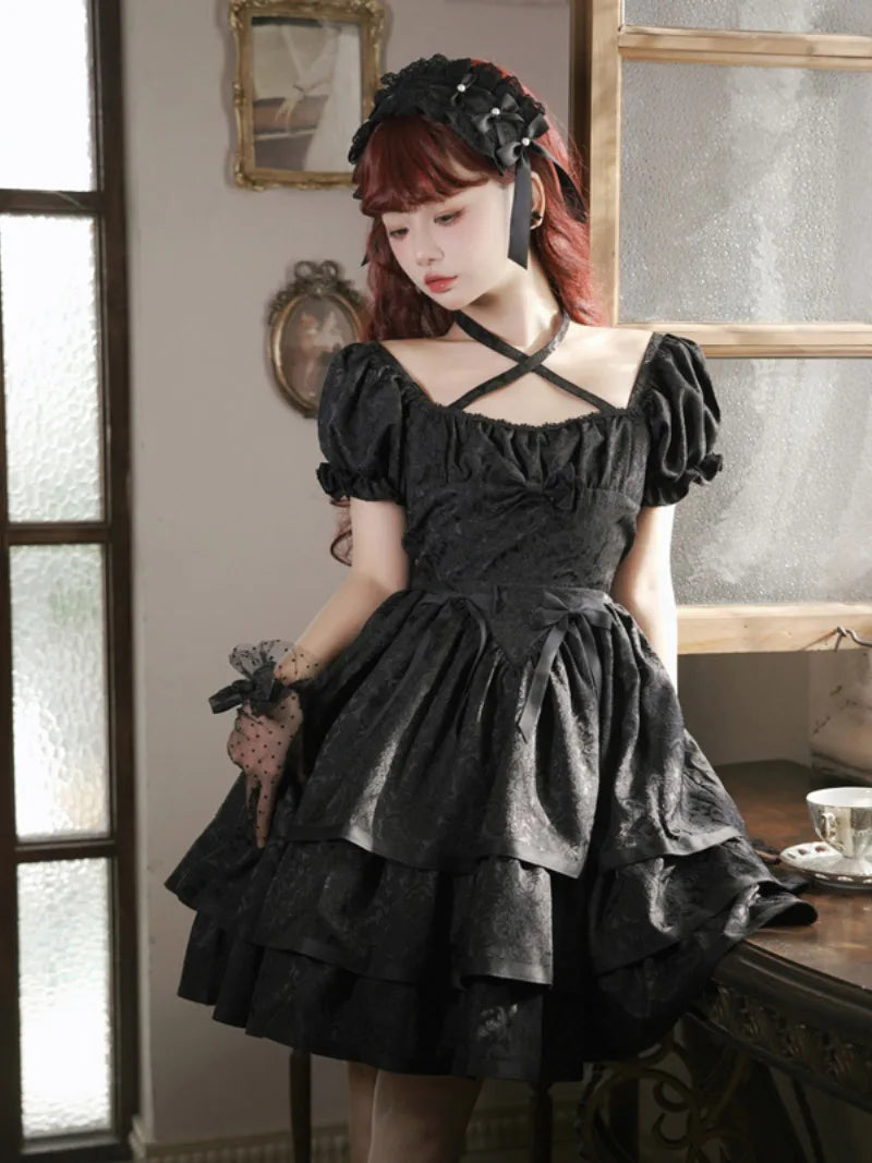 Black Loli Gothic short-sleeve thorns & roses Lolita dress OP, elegant dark lolita style for cosplay and daily wear