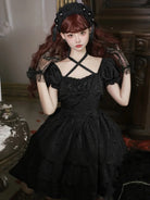 Black Loli Gothic short-sleeve thorns & roses Lolita dress OP, elegant dark lolita style for cosplay and daily wear