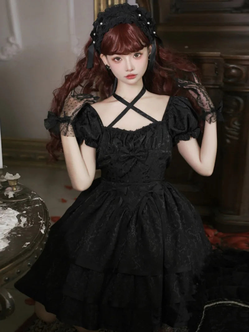 Black Loli Gothic short-sleeve thorns & roses Lolita dress OP, elegant dark lolita style for cosplay and daily wear