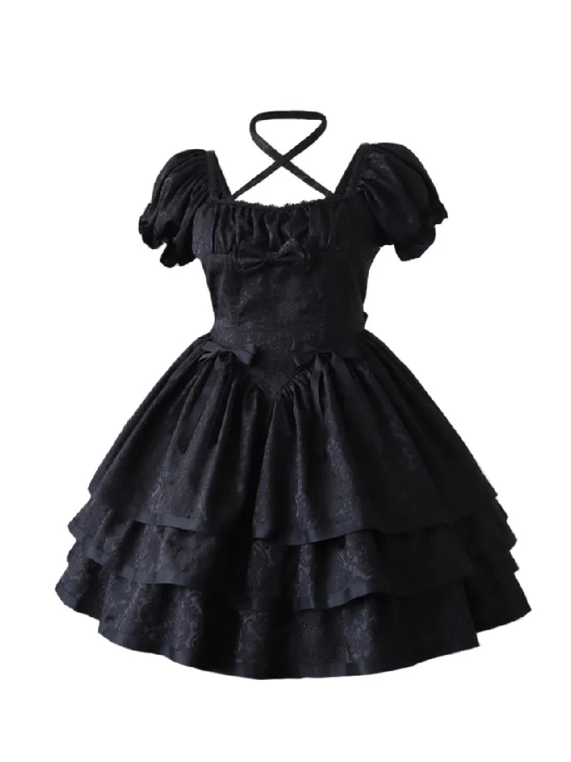 Black Loli Gothic short-sleeve thorns & roses Lolita dress OP, elegant dark lolita style for cosplay and daily wear