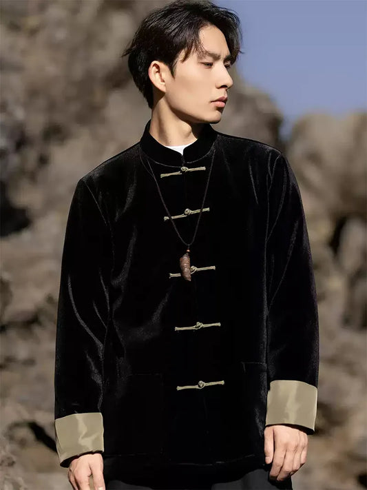 Black Tang Suit for Men | Velvet Chinese Jacket with Frog Buttons