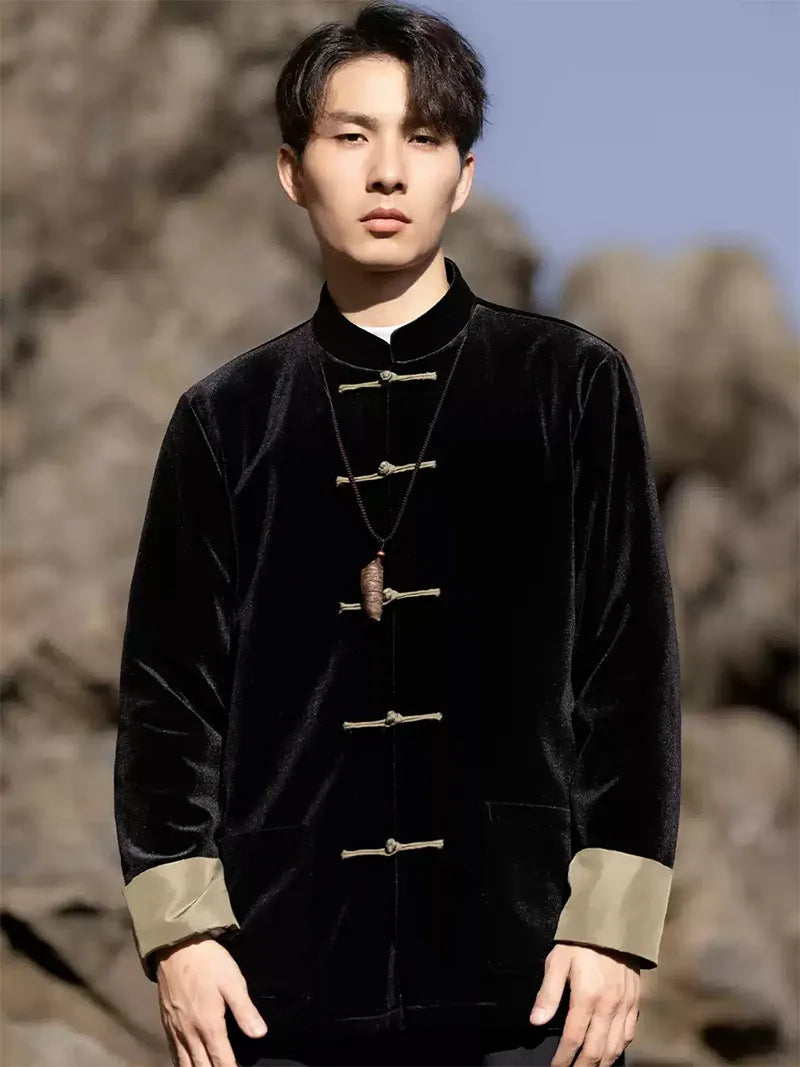 Black Tang Suit for Men | Velvet Chinese Jacket with Frog Buttons