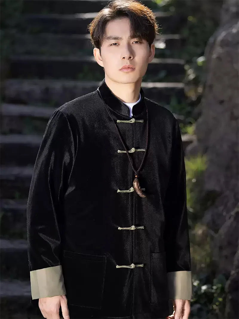 Black Tang Suit for Men | Velvet Chinese Jacket with Frog Buttons