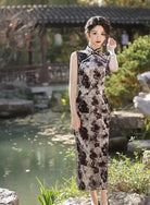 Black/Green Floral Sleeveless Velvet Qipao Dress