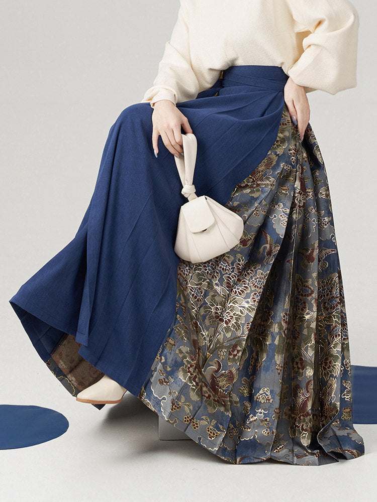 Blue Brocade Ma Mian Skirt Ming Dynasty Horse-Face Skirt