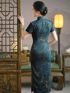 Elegant blue qipao with modern Chinese design, vintage charm, and daily wearable style