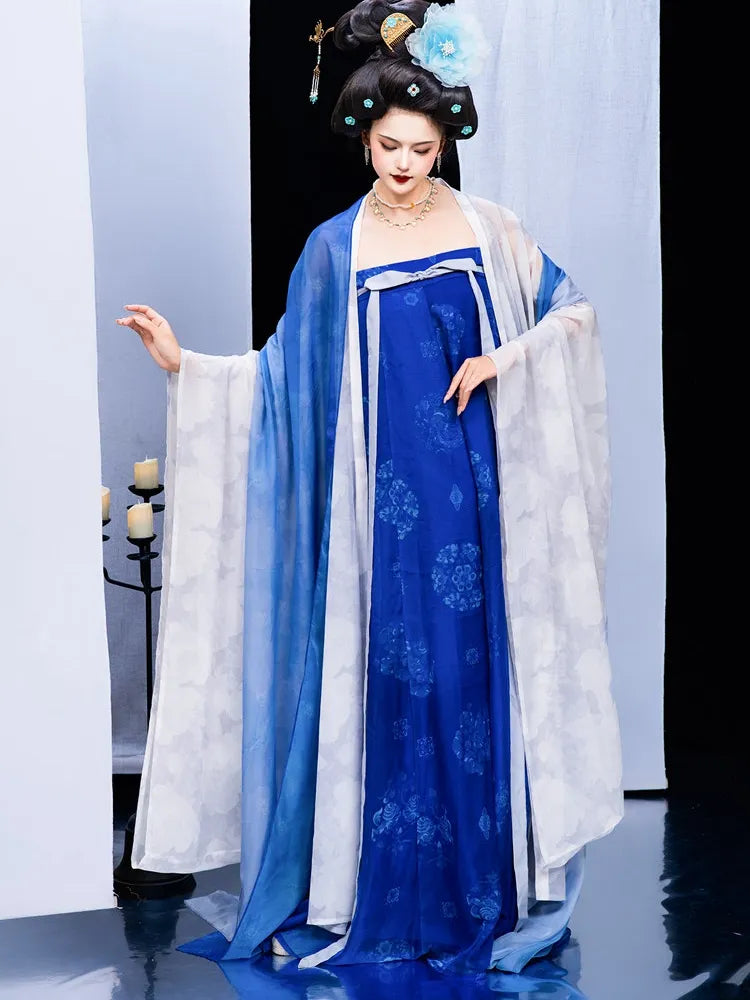 Blue Tang Style Hanfu Dress With Wide Sleeves