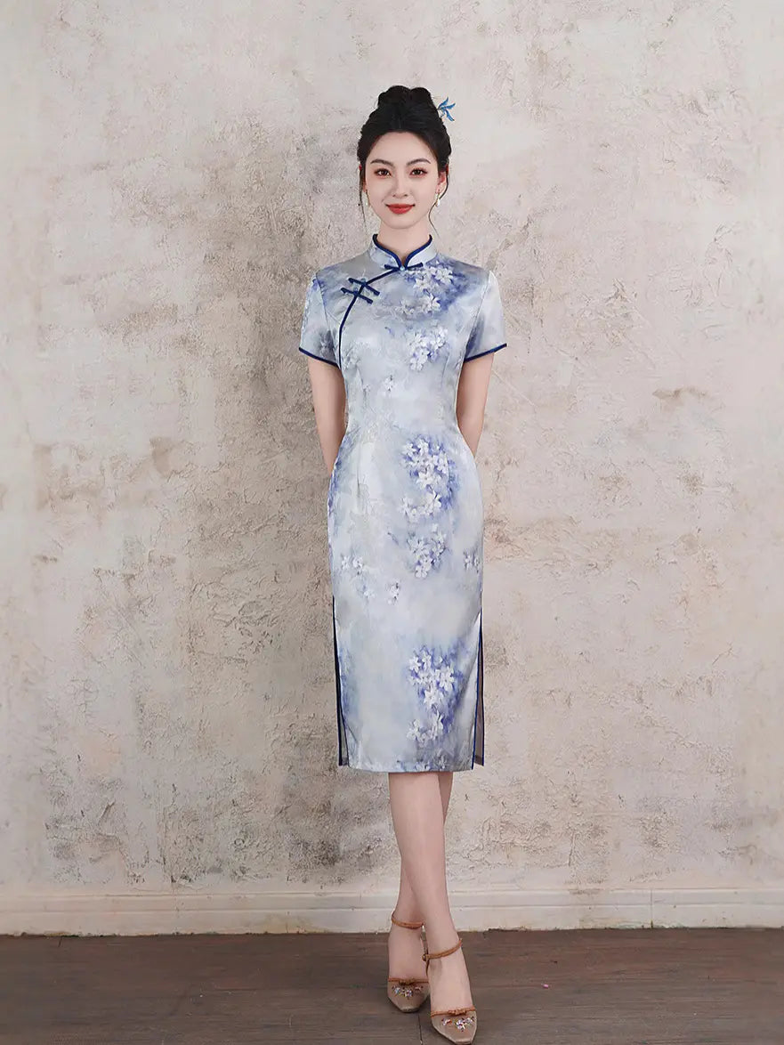 Blue & Purple Watercolor Floral Qipao Dress