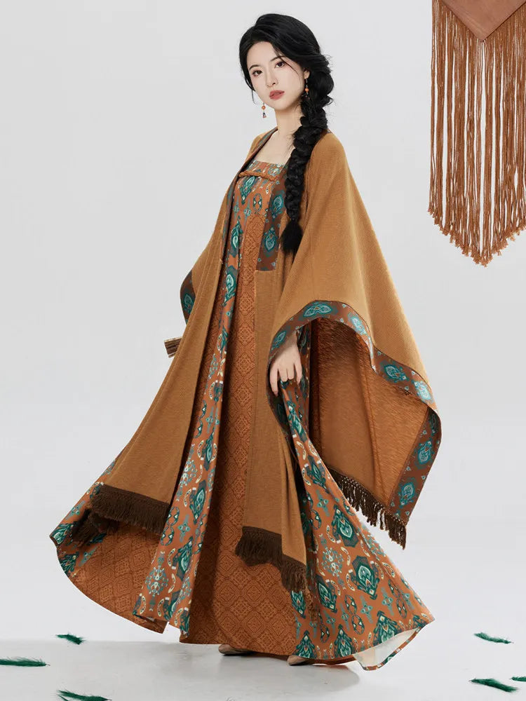 Boho Ethnic Dress Set Women – Printed Maxi Dress with Shawl Vacation Outfit