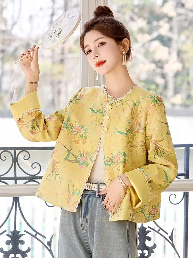 Elegant modern Tang suit short jacket for women featuring jacquard fabric and refined Chinese style