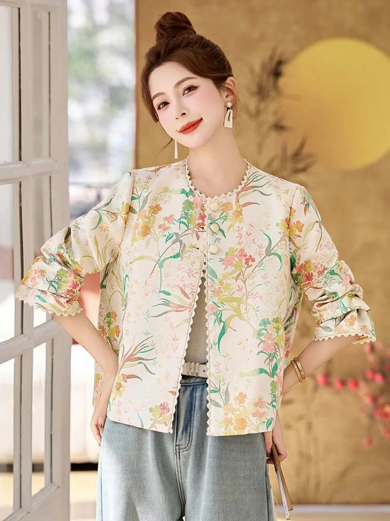 Elegant modern Tang suit short jacket for women featuring jacquard fabric and refined Chinese style