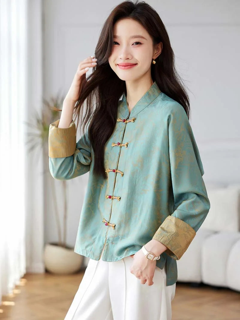 Modern Chinese buy tang suit online with frog buttons and elegant stand collar design for women