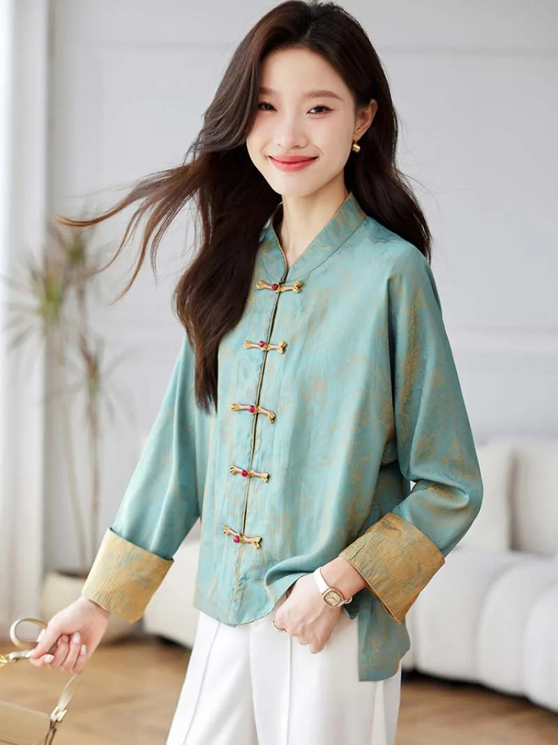 Modern Chinese buy tang suit online with frog buttons and elegant stand collar design for women