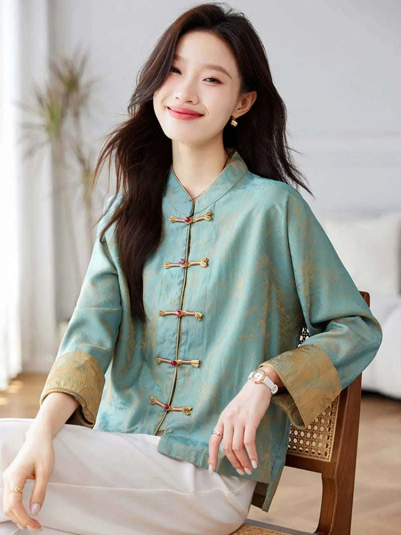 Modern Chinese buy tang suit online with frog buttons and elegant stand collar design for women