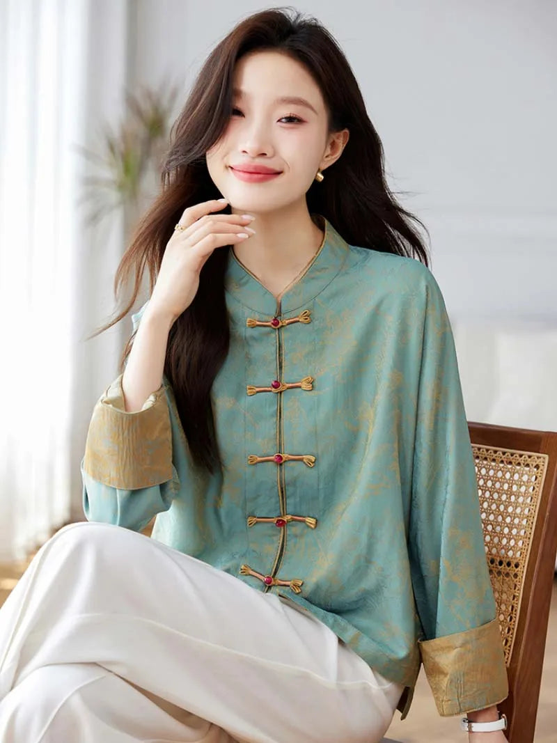 Modern Chinese buy tang suit online with frog buttons and elegant stand collar design for women