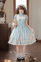 Blue [Underwater Concert] Round Collar Short Sleeves Printed Ruffled Bow Sweet Lolita Dress