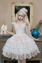 Blue [Bunny Dream Letter] Square Collar Flutter Sleeves Jacquard Ruffled Bow Lace Sweet Princess Balletcore Lolita Jsk Dress