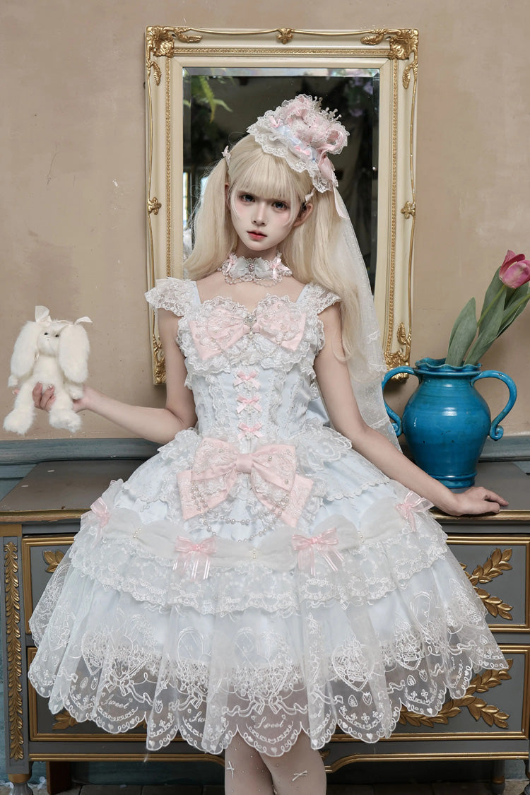 Blue [Bunny Dream Letter] Square Collar Flutter Sleeves Jacquard Ruffled Bow Lace Sweet Princess Balletcore Lolita Jsk Dress