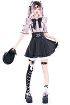 Black/Pink Short Sleeves Ruffle Slim Jirai Kei Japanese Skirt Set