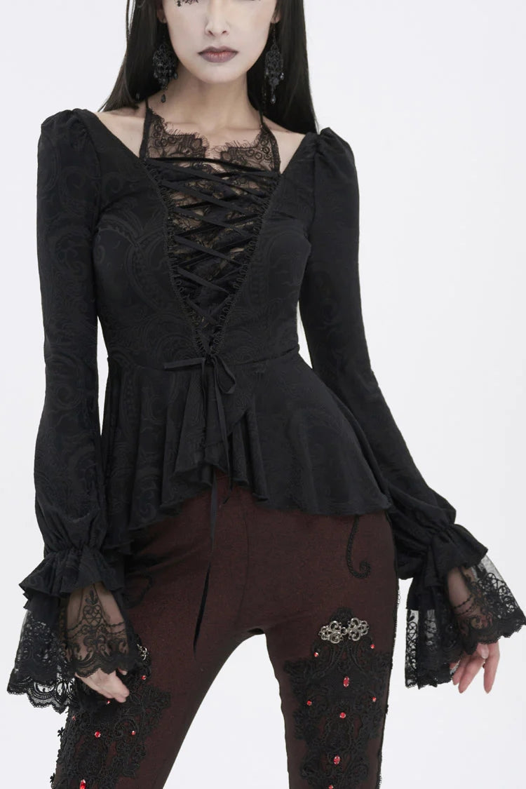 Black Ruffled Lace Splice Women's Gothic Shirt