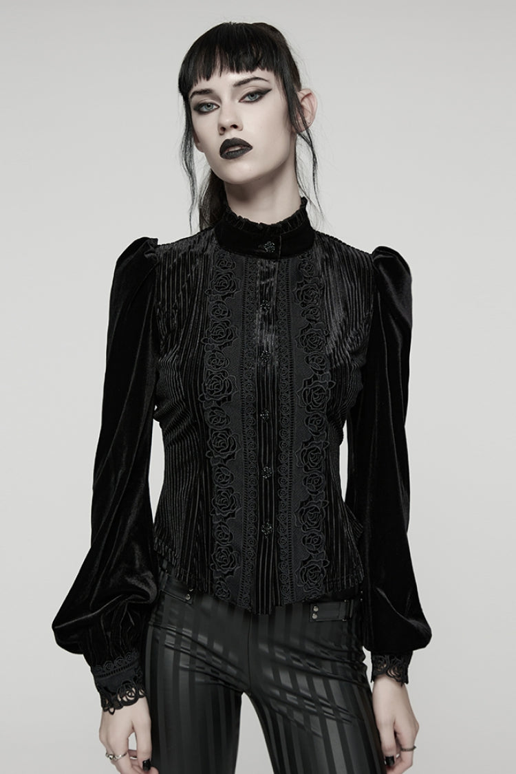 Black Stand Collar Long Puff Sleeves Floral Embroidered Lace-Up Women's Gothic Blouse