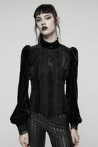 Black Stand Collar Long Puff Sleeves Floral Embroidered Lace-Up Women's Gothic Blouse