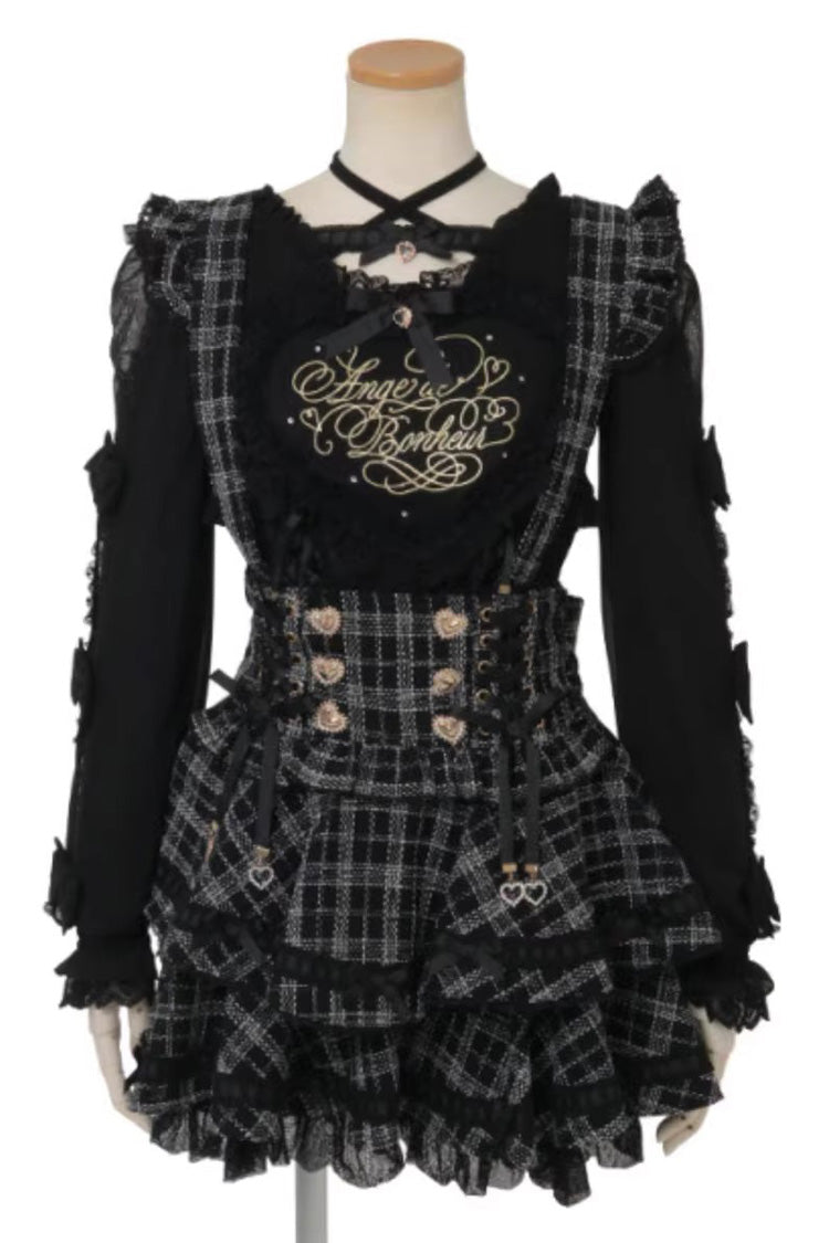 Sweet Jirai Kei Multi-Layered Printed Ruffled Spliced Lace Japanese Suspender Skirt 3 Colors