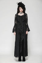 Black Long Flared Sleeves Lace Trimmed Lace-Up Women's Gothic Elegant Robe