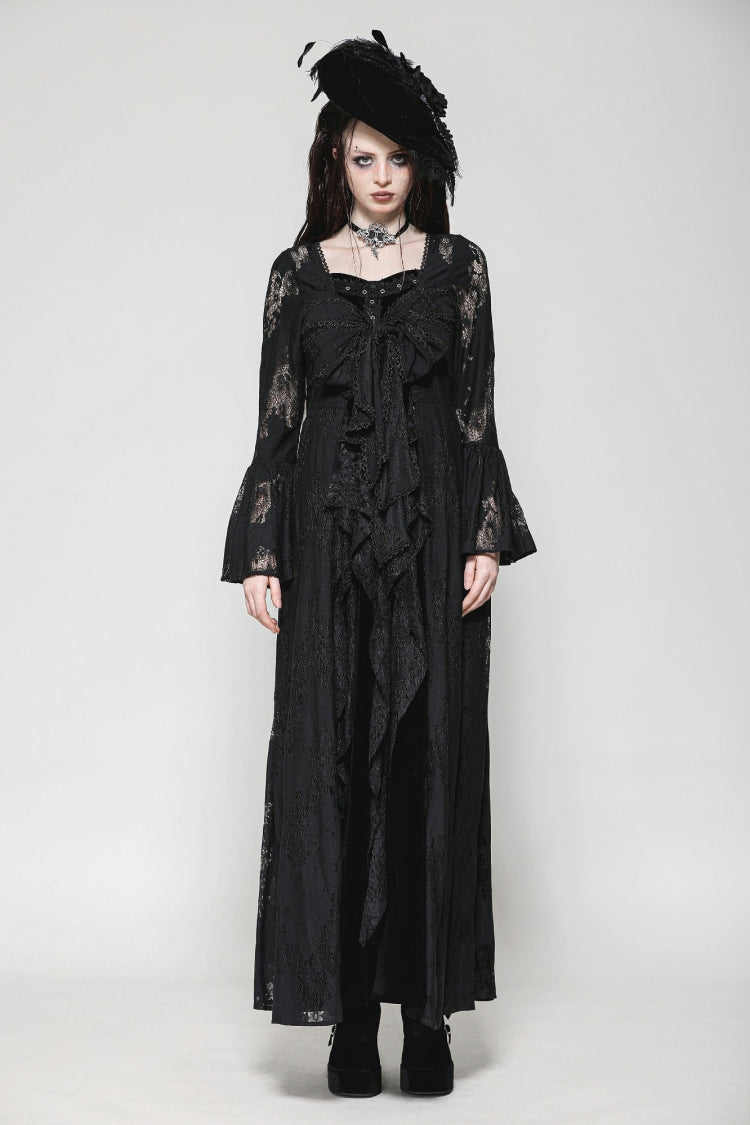 Black Long Flared Sleeves Lace Trimmed Lace-Up Women's Gothic Elegant Robe