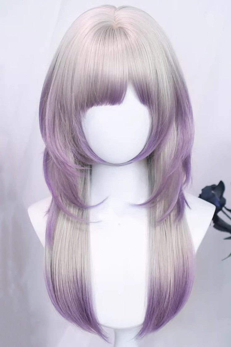 Misty Silver Purple Ombre Straight Wig with Air Bangs Sweet Lolita
