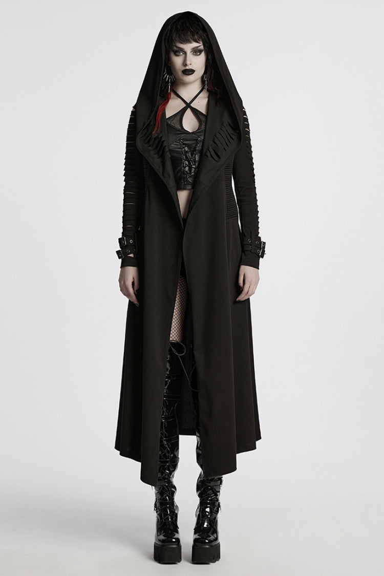Black Long Sleeves Hooded Ripped Buckle Women's Punk Long Coat