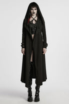 Black Long Sleeves Hooded Ripped Buckle Women's Punk Long Coat
