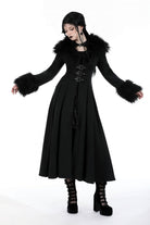 Black Long Sleeves Lace-Up Buckled Women's Gothic Draped Coat with Faux Fur Collar