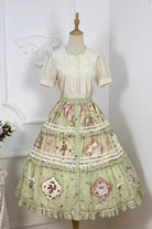 Green [Cat Rose Tea] Print Ruffle Sweet Gorgeous Lolita Skirt
