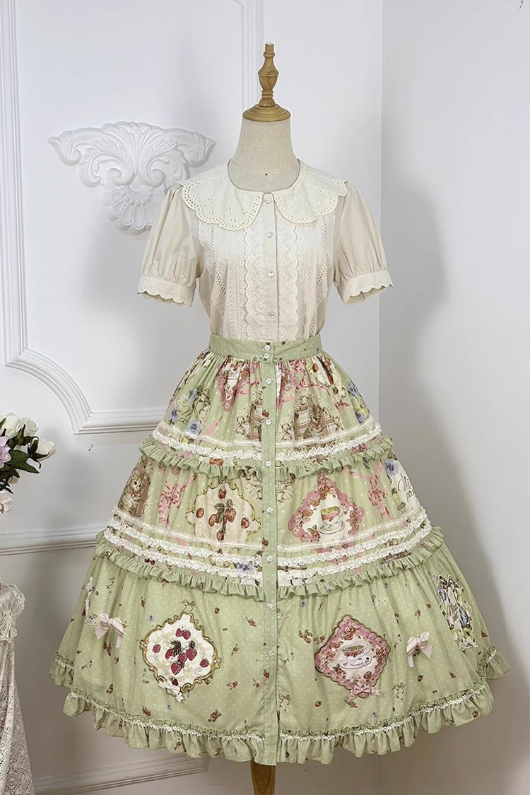 Green [Cat Rose Tea] Print Ruffle Sweet Gorgeous Lolita Skirt