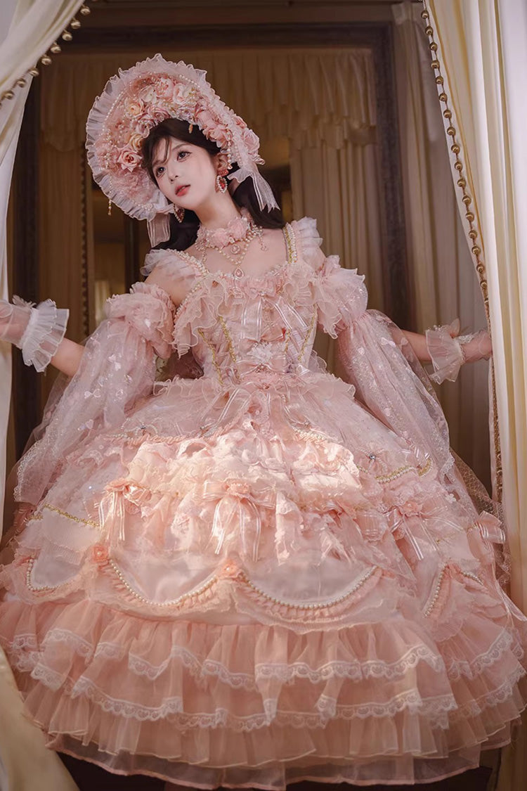 Pink [The Runaway Princess] Sleeveless Multi-Layered Printed Hanayome Bow Lace Pearl-Decorated Sweet Plus Size Gorgeous Lolita Jsk Dress