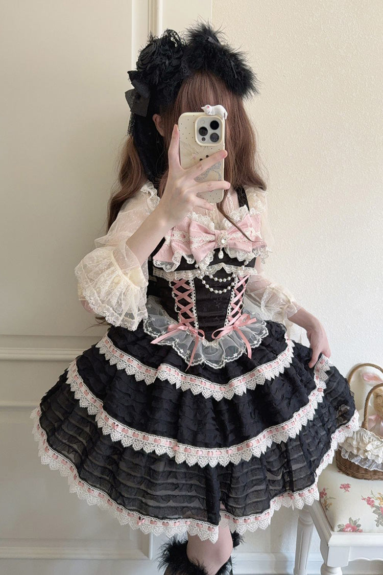 Black [Song of Floral Letters] Sleeveless Triple-Layered Bowknot Lace-Up Sweet Lolita Jsk Dress