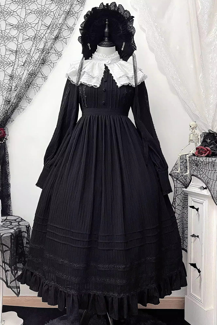 Black/White [Quiet Place] Long Sleeves Jacquard Ruffle Embroidery Bowknot Gothic Lolita Dress