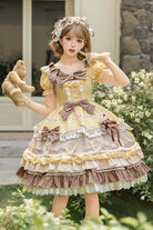 Yellow/Brown [Polka Dot Cake] Multi-Layered Printed Ruffled Bow Sweet Lolita OP Dress
