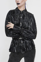 Black Metal Buckles Cuff Bright Pleated Pointed Collar Leather Loops Women's Punk Blouse