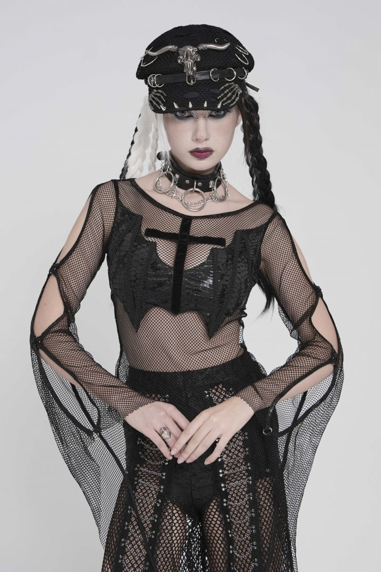 Black Round Collar Long Sleeves Cut-Out Sheer Eyelet Women's Punk Bat Cross Mesh T-Shirt