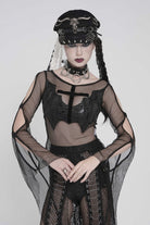Black Round Collar Long Sleeves Cut-Out Sheer Eyelet Women's Punk Bat Cross Mesh T-Shirt