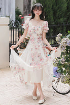 White Floral Pattern Square Collar Short Puff Sleeves Ruffled Open-Front Spliced Sweet Lolita Dress