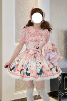 Panda Peach Print Bowknot Sweet Lolita Strap Dress 3 Colors