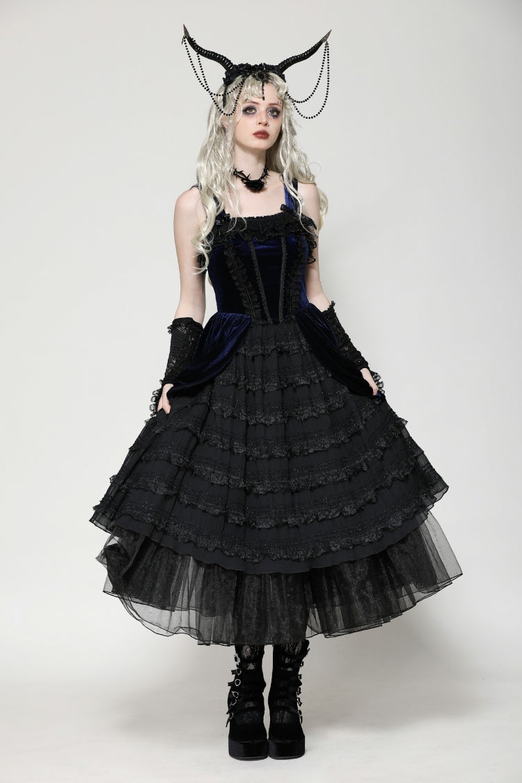 Black/Blue Sleeveless Multi-Layered Ruffled Lace Women's Lolita Gothic Slip Dress Wedding Dress